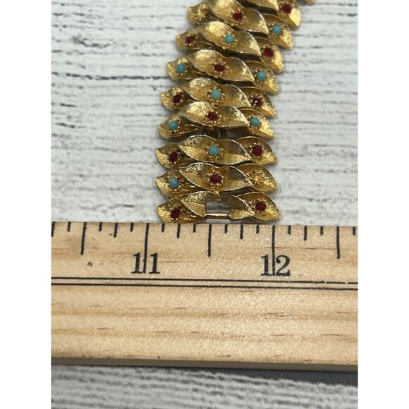 Vintage French Gold Plated Bracelet Turquoise Beads & Garnet Foldover Clasp - Picture 10 of 10